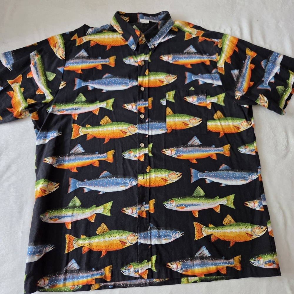 Vintage Angelica All Over Fish Print Hawaiian Button‎ Up XL Black Made In USA